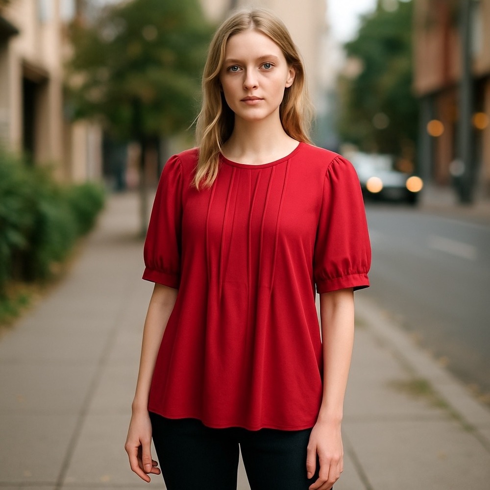 Agnes Orinda Red Blouse Pleated Front Puff Sleeve‎ Top Casual Comfy 2X